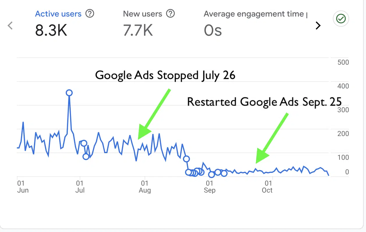 Screenshot 2024-10-29 at 7.03.31 AM graph showing drop in website traffic with and without google ads