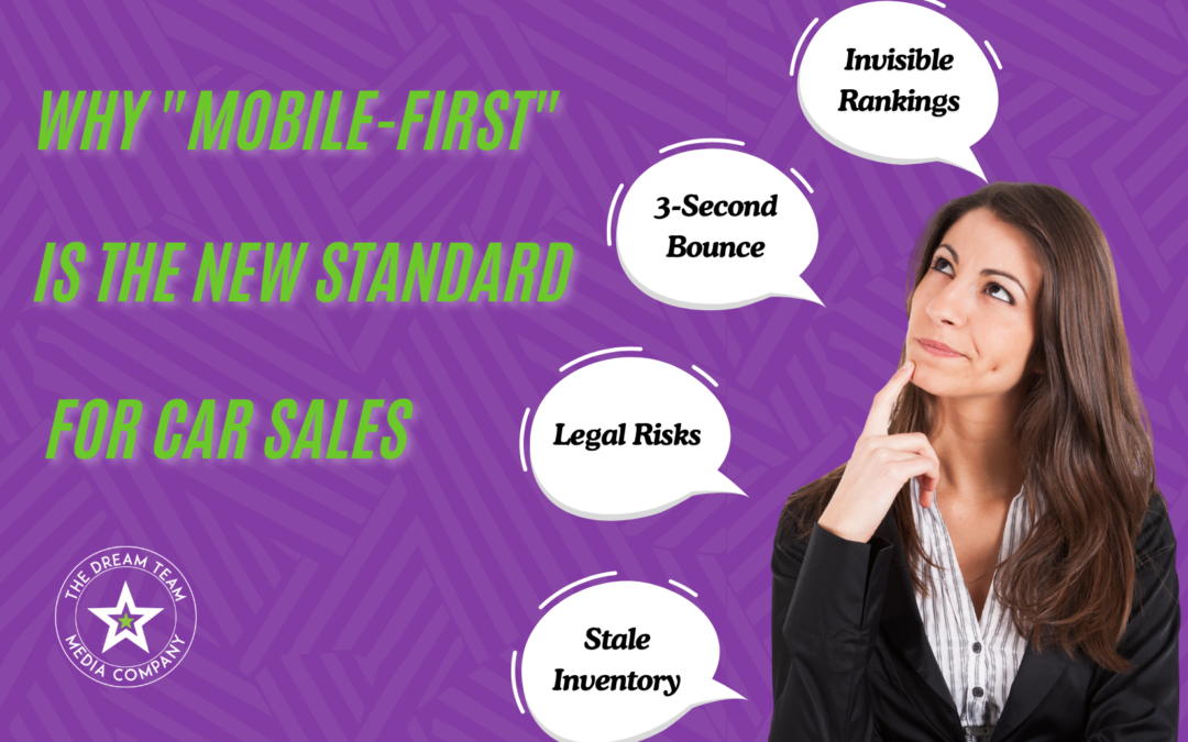 A purple blog graphic titled "Why Mobile-First Is the New Standard for Car Sales" in bold green text. A businesswoman in a black blazer looks upward thoughtfully, with speech bubbles around her listing pain points: "Invisible Rankings," "3-Second Bounce," "Legal Risks," and "Stale Inventory." A circular logo for The Dream Team Media Company appears in the bottom left corner. The background features a subtle geometric pattern.